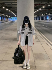 American retro short-sleeved shirt for women in summer 2025 new striped letter embroidery loose casual shirt ins trendy