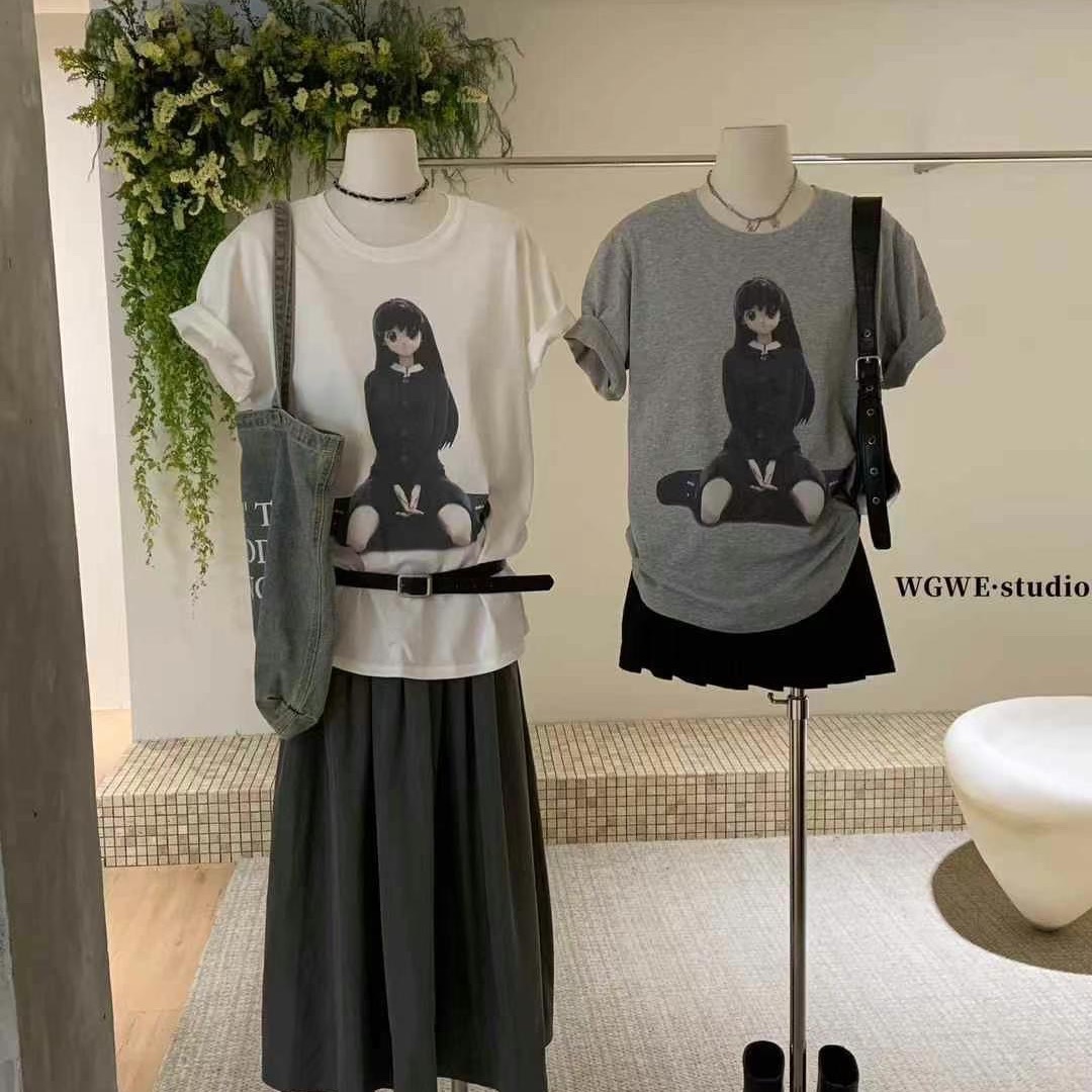 200g combed and tight-fitting sprinkler, pure cotton backpack, spring and summer loose shoulder printed short-sleeved T-shirt
