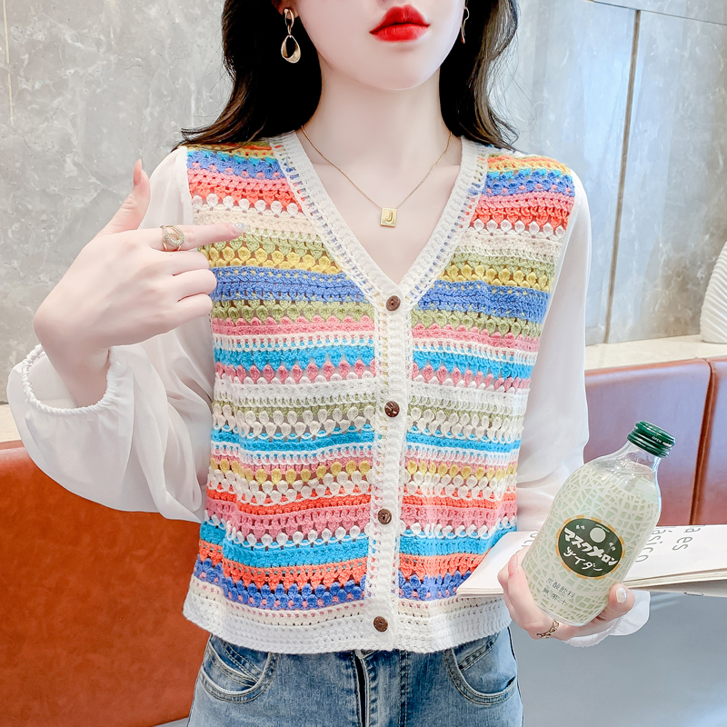 Early autumn fashionable striped sweater women's design cardigan sweet rainbow hook v-neck casual chiffon long sleeves women