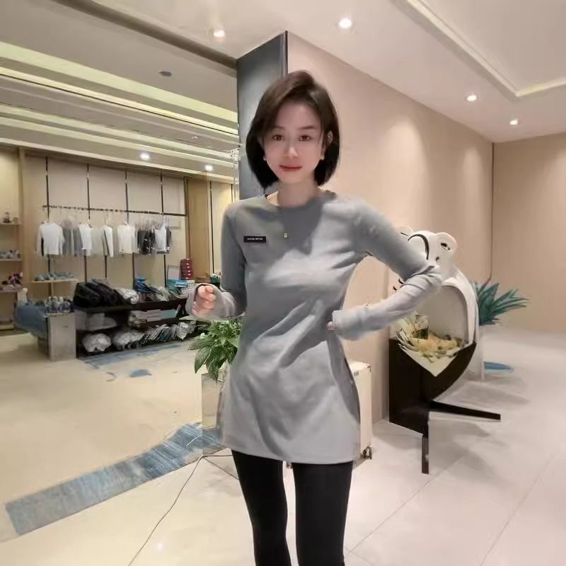 歐貨2025春秋女時尚設計感百搭休閒顯瘦開叉長袖中長款打底衫上衣