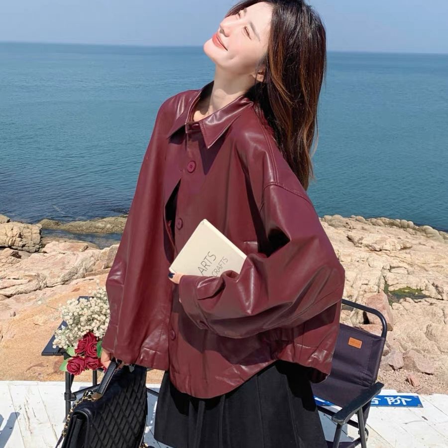 Women's Short Red PU Jacket 2025 Spring New Style Loose Casual Retro Leather Biker Jacket Top