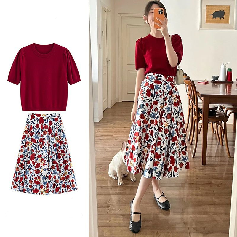 French retro oil painting style floral skirt for women 2025 spring and summer mid-length large umbrella skirt tea break a line skirt