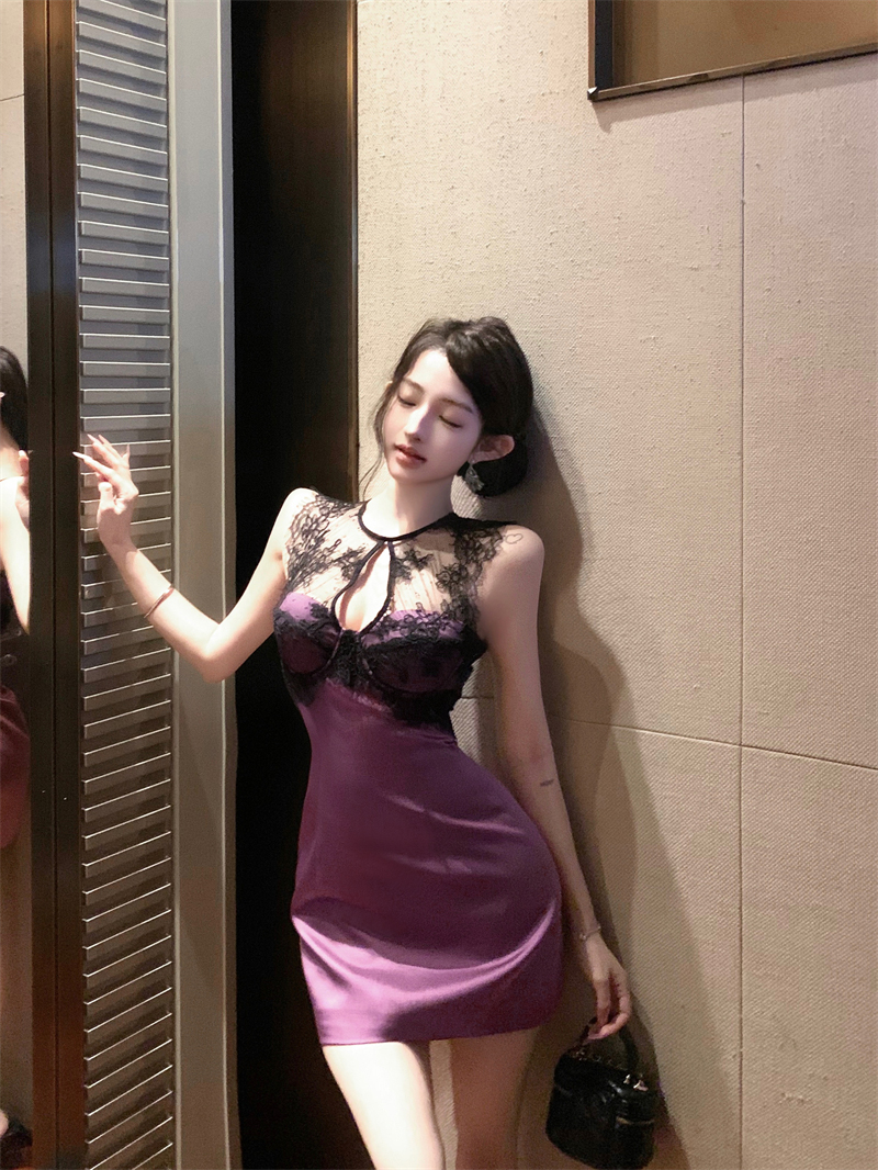 實拍~蕾絲拼接連衣裙女春夏季新款純欲收腰包臀裙
