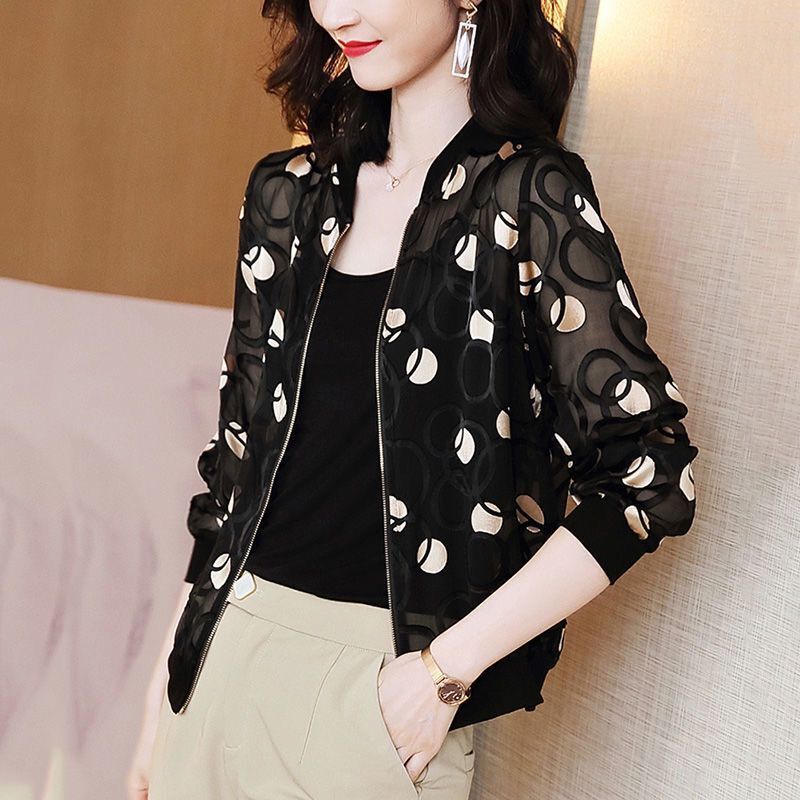Lightweight long-sleeve jacket, baseball-style outerwear, short-length chiffon, UV protection, sun-protective women's clothing