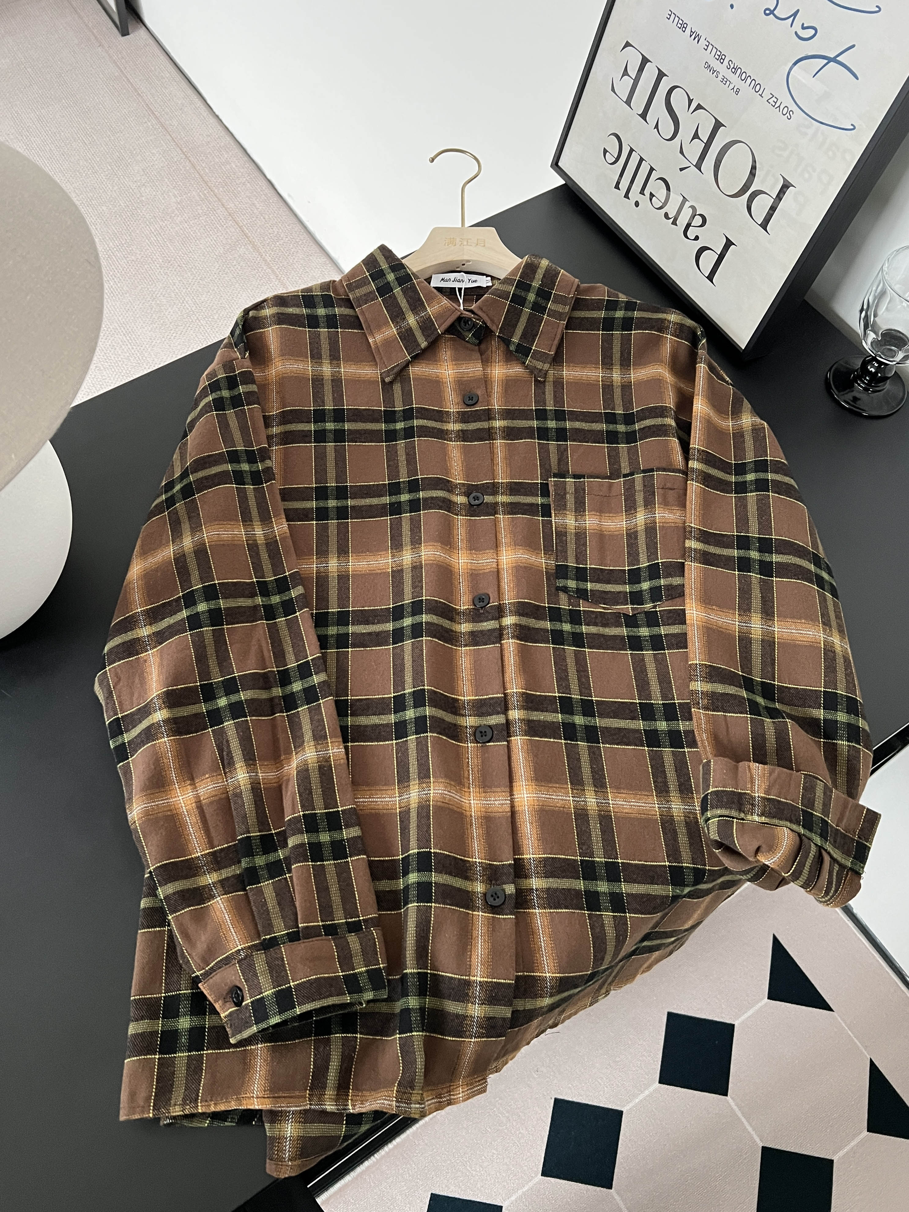 Real photo of retro high-end checked long-sleeved shirt jacket for women fashion casual lazy top