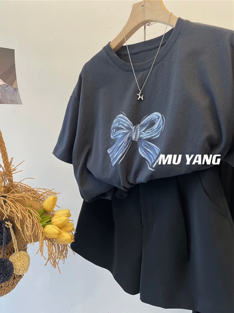 200g combed and tight-fitting sprinkler, pure cotton backpack, spring and summer loose shoulder printed short-sleeved T-shirt