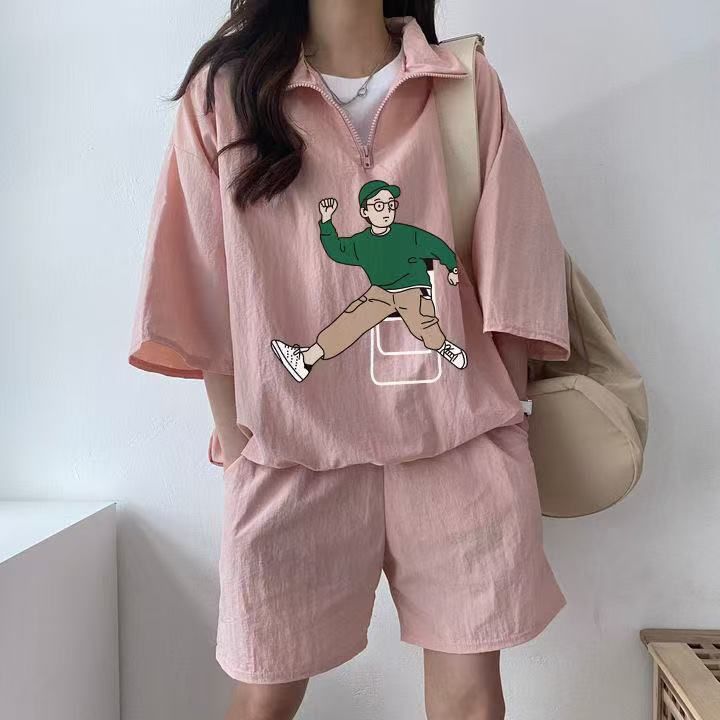 Korean Sportswear Set for Women - Summer 2025 New Arrival Short-Sleeve Top and Shorts - Campus Style Cute Girls Running - Two-Piece Set