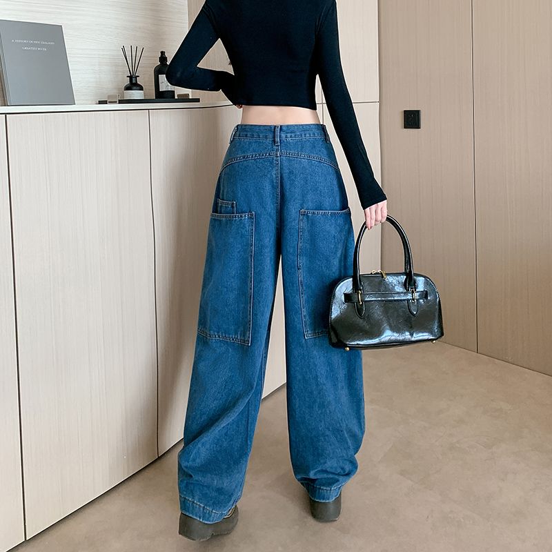 Real shot~ American high street new style of loose wide-leg large pocket scimitar workmanship jeans that are popular this year