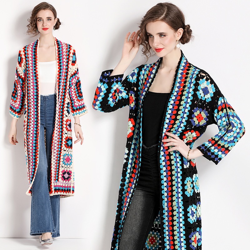 Ethnic style retro heavy industry hook flower color-blocking plaid knitted cardigan jacket mid-length top