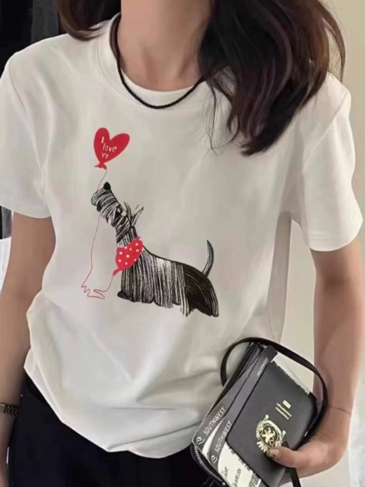 Printed front shoulder short-sleeved T-shirt for women in summer new niche American pure cotton slim T-shirt top