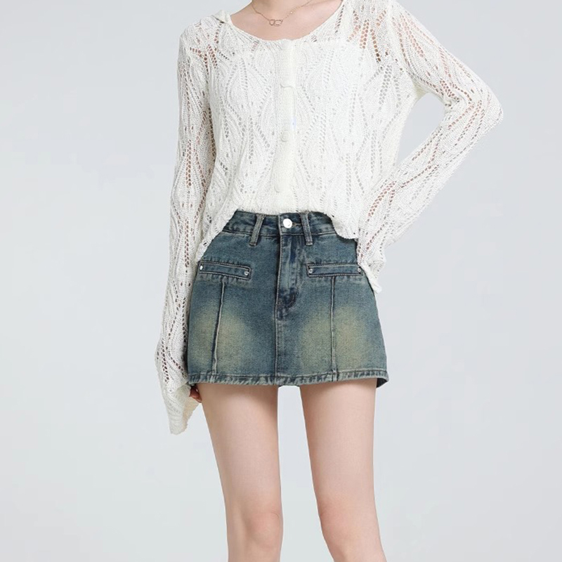 American style design sense denim shorts women's hip skirt pants spring and summer new design sense A-line high-waist skirt pants