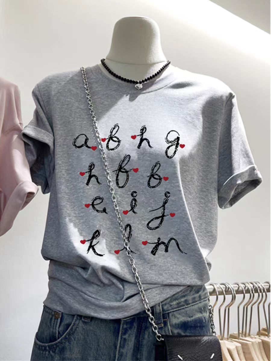 200g combed and tight-fitting sprinkler, pure cotton backpack, spring and summer loose shoulder printed short-sleeved T-shirt