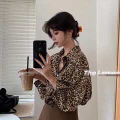 夜店辣妹設計感小眾豹紋長袖襯衫女春秋復古港味洋氣上衣襯衣開衫