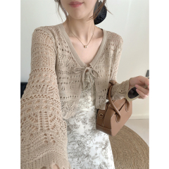 Real photo of sun protection knitted cardigan for women's hollow blouse vest summer thin V-neck drawstring air conditioning shirt with shawl