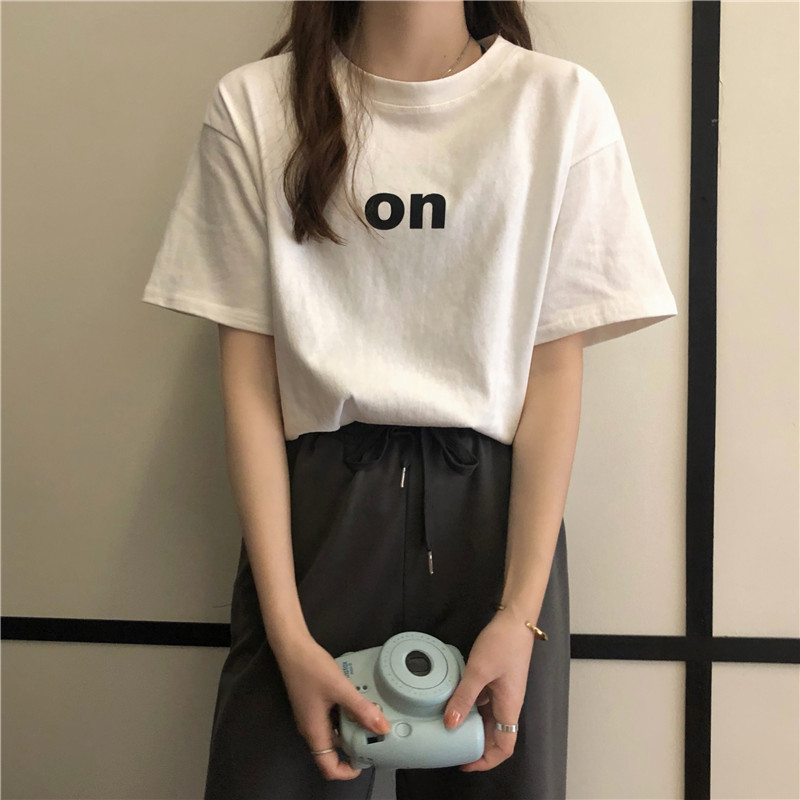 韓國外貿夏季新款韓版寬鬆顯瘦印花短袖T恤女裝設計感小眾上衣