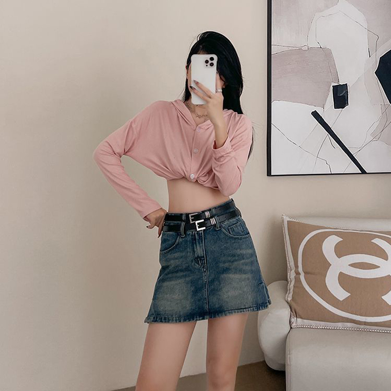 Lined high street hot girls high waist denim skirt women's belt spring and summer A-line slit ins hip denim skirt