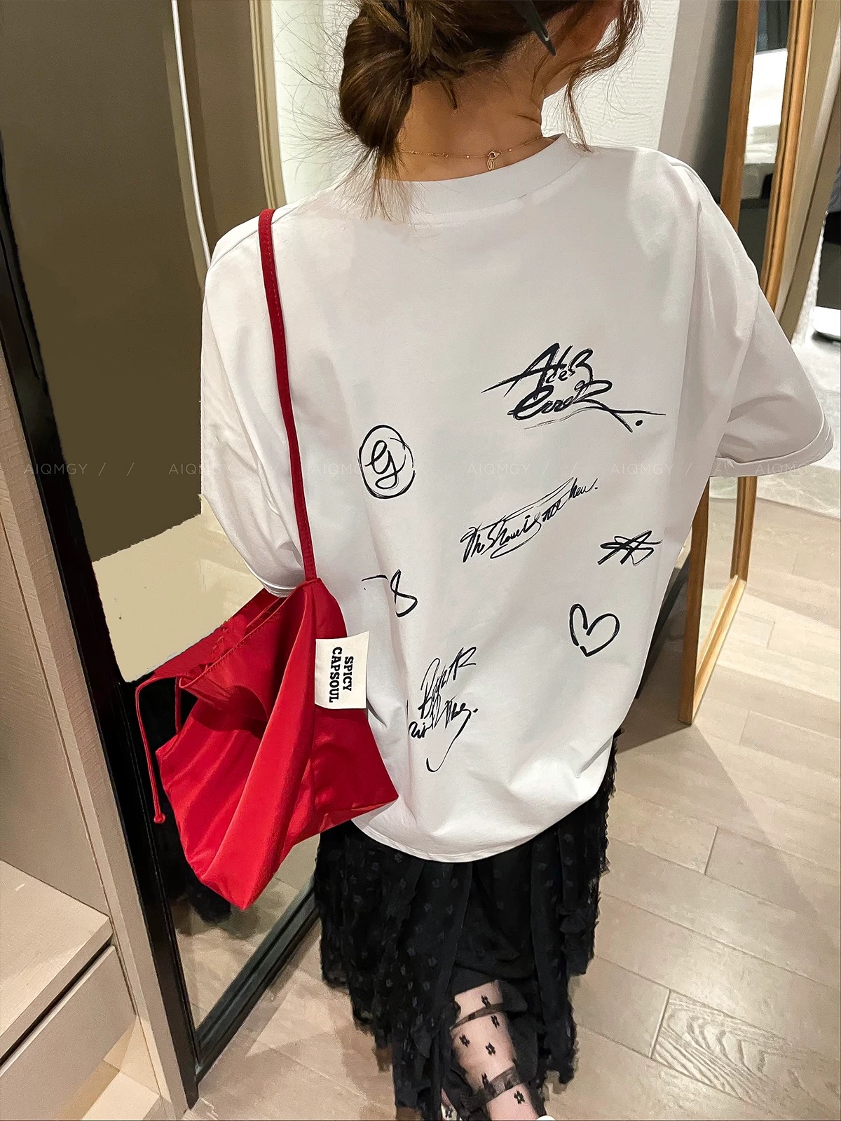 200g combed and tight-fitting sprinkler, pure cotton backpack, spring and summer loose shoulder printed short-sleeved T-shirt
