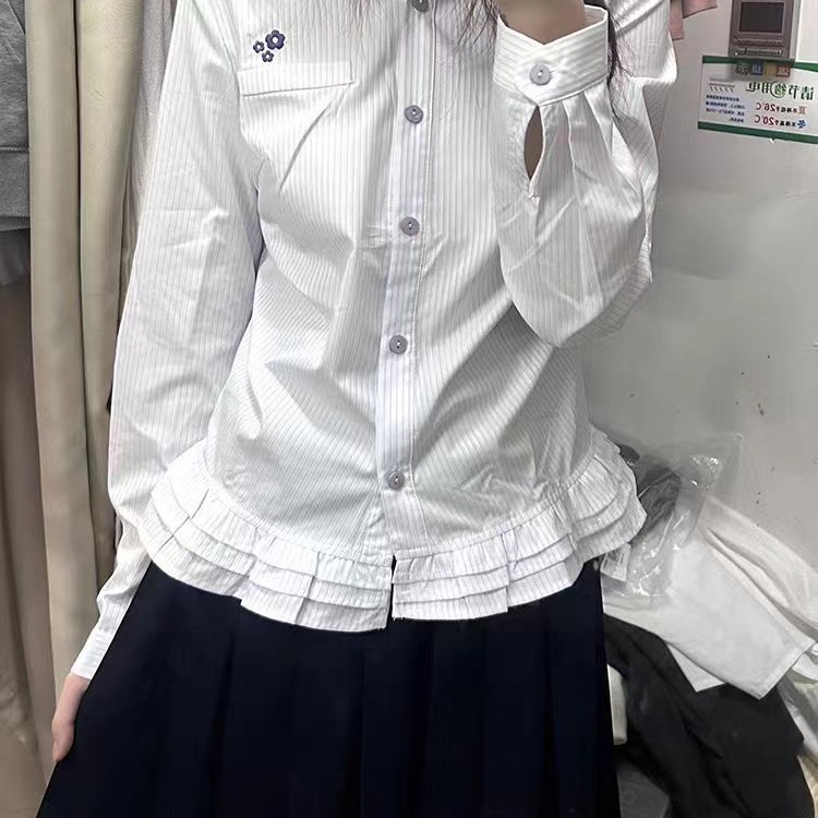 學院風長袖白襯衫女春秋2025新款設計感花邊下擺甜美內搭襯衣上衣