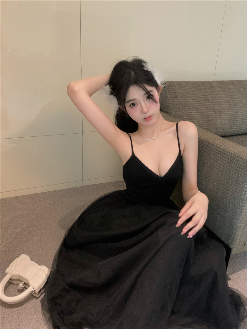 Real shot of new ballet style white mesh suspender dress dress fairy sleeveless A-line midi skirt