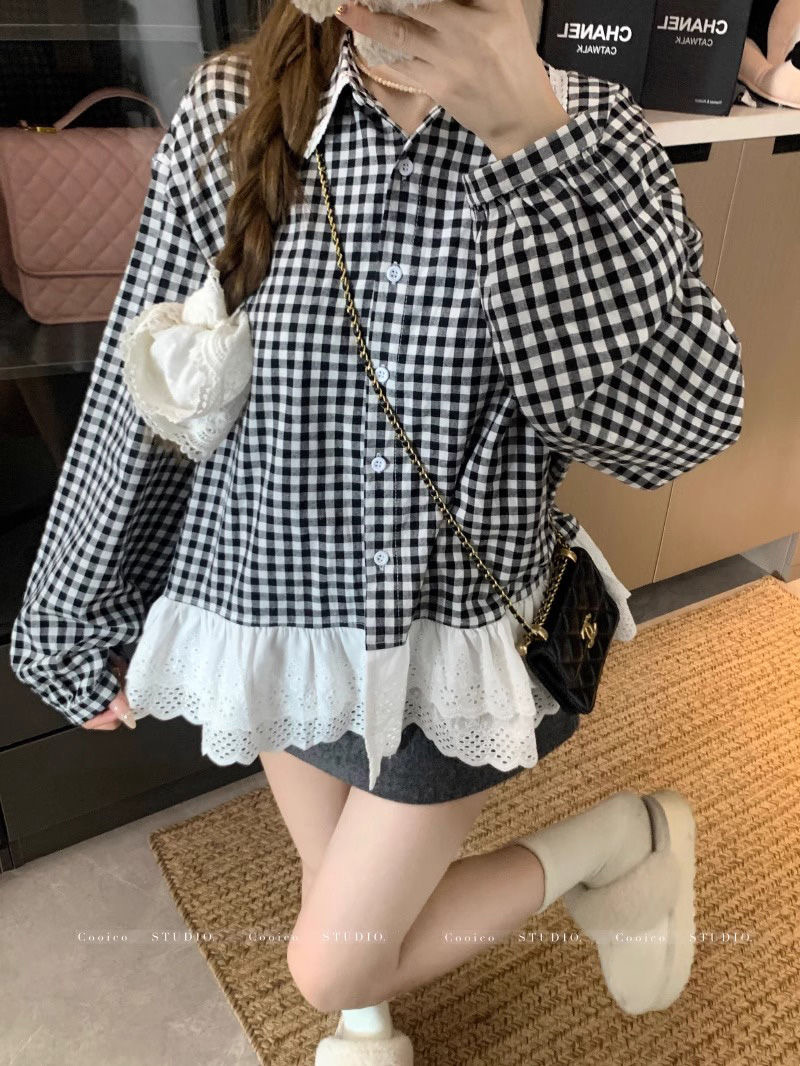 Lace spliced ​​plaid shirt 2025 New Year new style loose long-sleeved top doll slimming fashion original shirt