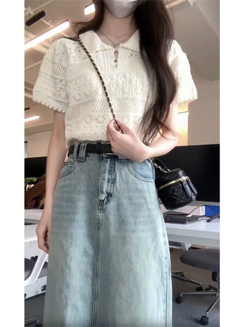 Hollow polo neck short-sleeved sweater for women in summer T-shirt with 2025 new small shirt tea style waist top