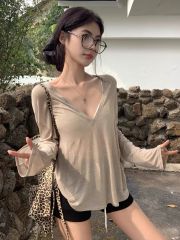 Black Sheer V-Neck Long-Sleeve T-Shirt Women's Summer Sunshade Hooded Top Loose Lazy Style Hooded Top