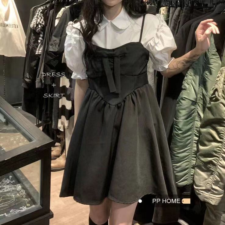 純欲風泡泡袖白色襯衫女+蝴蝶結收腰顯瘦吊帶小個子連衣裙套裝潮