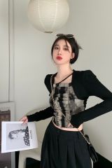 Retro, chic tie-dyed unique long-sleeved new base shirt T-shirt for women in autumn slim and short hot girl top