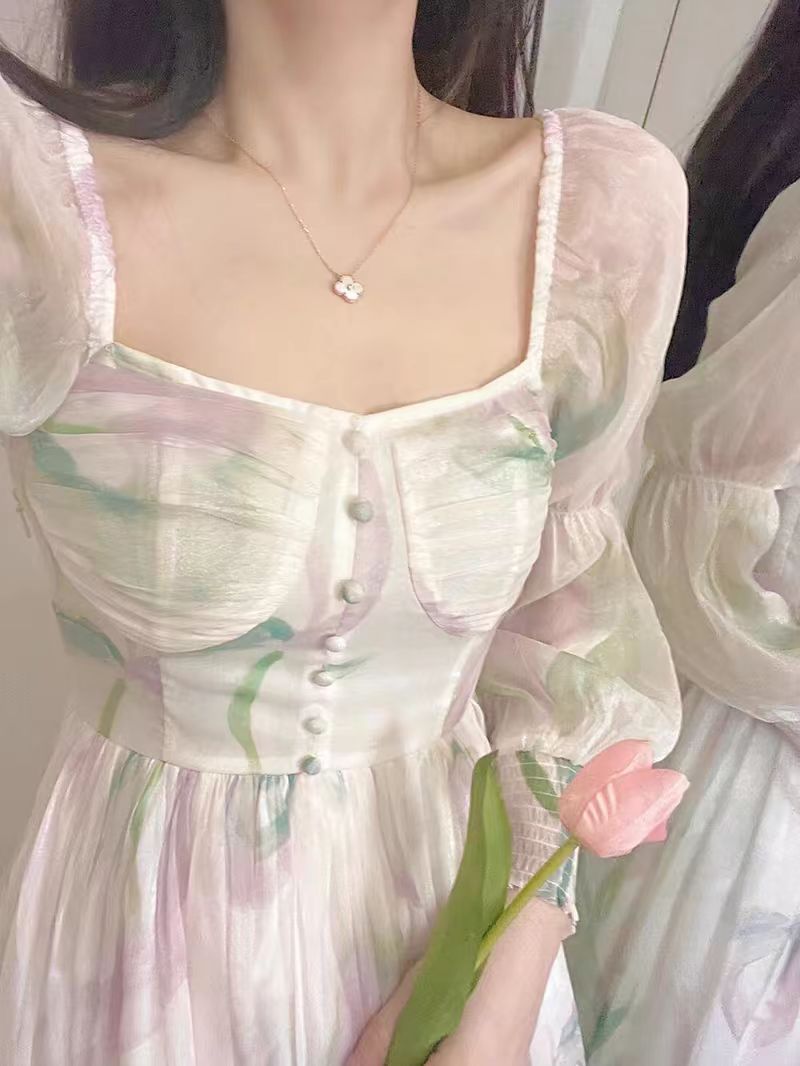 碎花雪紡方領泡泡袖連衣裙女夏季高級感長款收腰仙氣超仙森系裙子