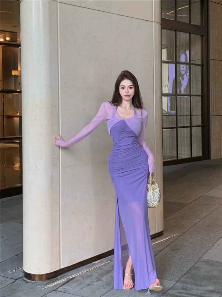 Real shot!  Pure sexy sexy slit vest dress mesh sun protection long-sleeved cardigan two-piece set