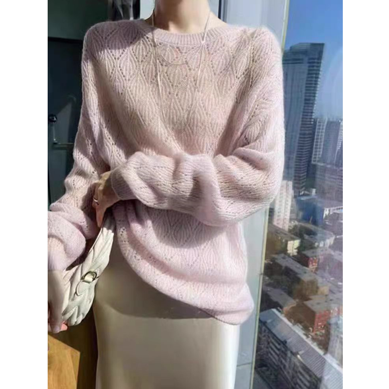 Mohair hollow long-sleeved sweater 2025 spring and autumn new thin round neck loose base knit sweater