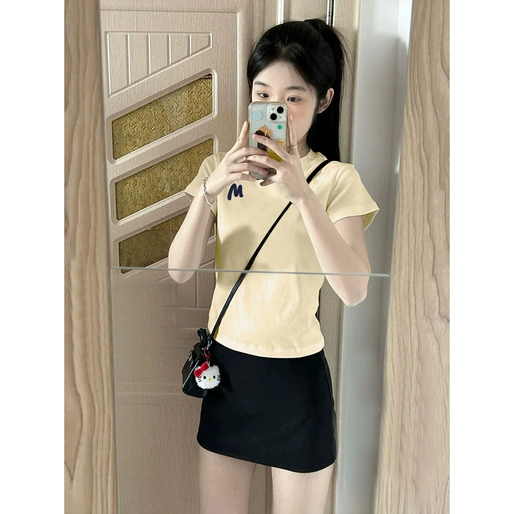Printed front shoulder short-sleeved T-shirt for women in summer new niche American pure cotton slim T-shirt top