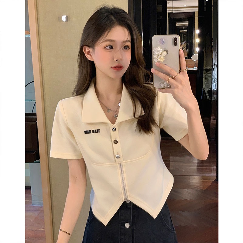 Large size women's short-sleeved T-shirt women's design and sense of polo collar irregular sweet and spicy zipper slim top