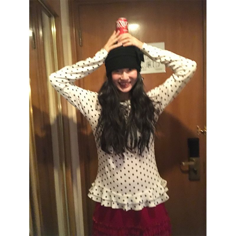 甜美風白色波點長袖T恤女春季氣質減齡荷葉邊打底衫顯瘦內搭上衣