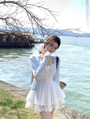 Shooted Style Fashion Niche Design White Strap Dress + Blue Cardigan Coat