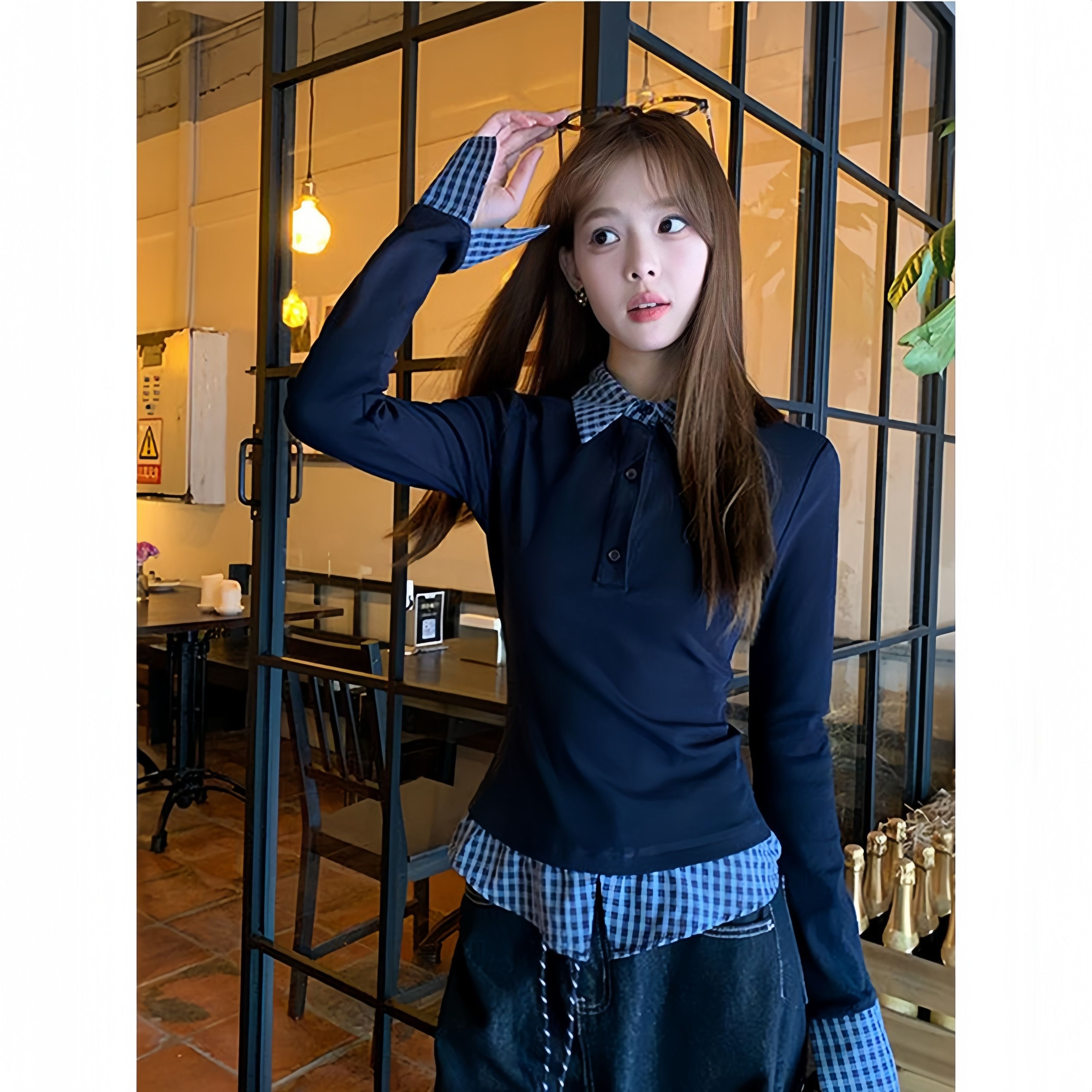 Modal cotton design POLO neck fake two-piece tops for women's slim fit and slim inner bottom shirt