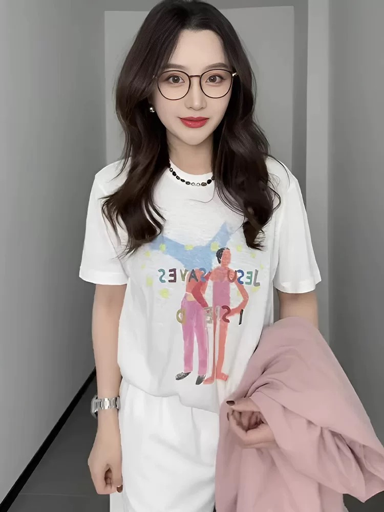 200g combed and tight spun in 2025, pure cotton back bag strip, spring and summer loose shoulder printed short-sleeved T-shirt