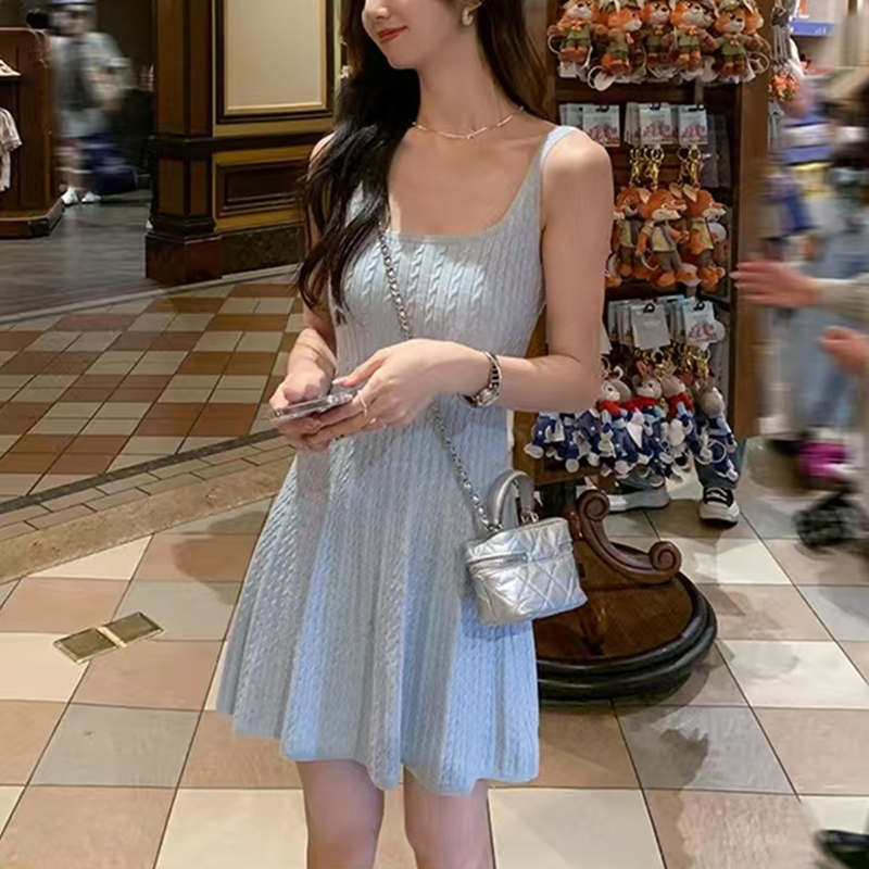 MULVAN U-neck slim suspender dress for women's twisted knitted short skirt summer new A-line waist-hugging skirt