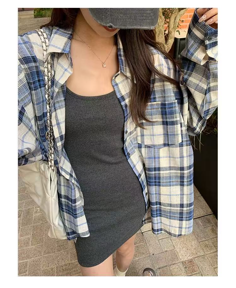 Spring and Autumn CHUNXIA Autumn new thin long-sleeved plaid shirt for women casual loose slimming short top