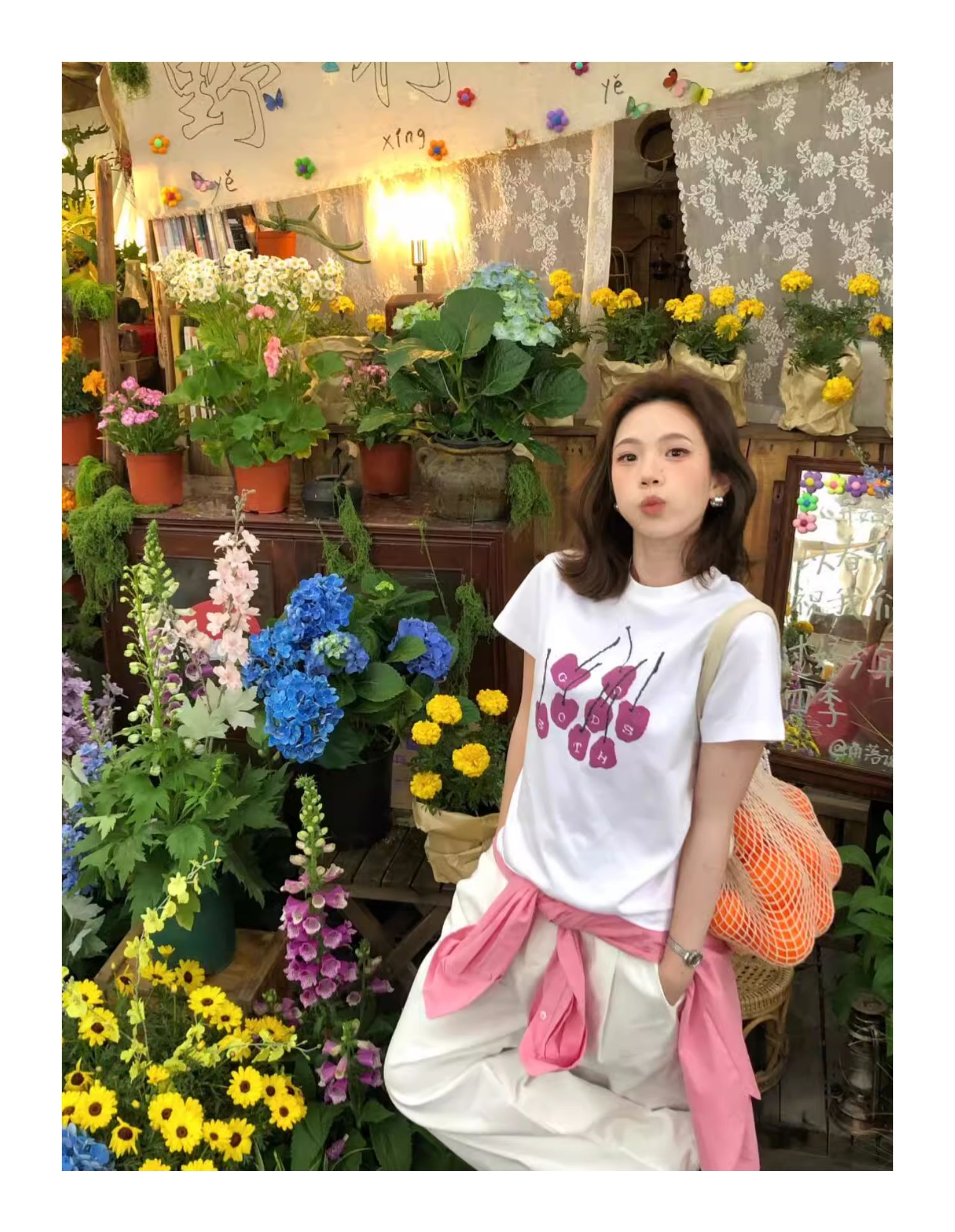 Printed front shoulder short-sleeved T-shirt for women in summer new niche American pure cotton slim T-shirt top