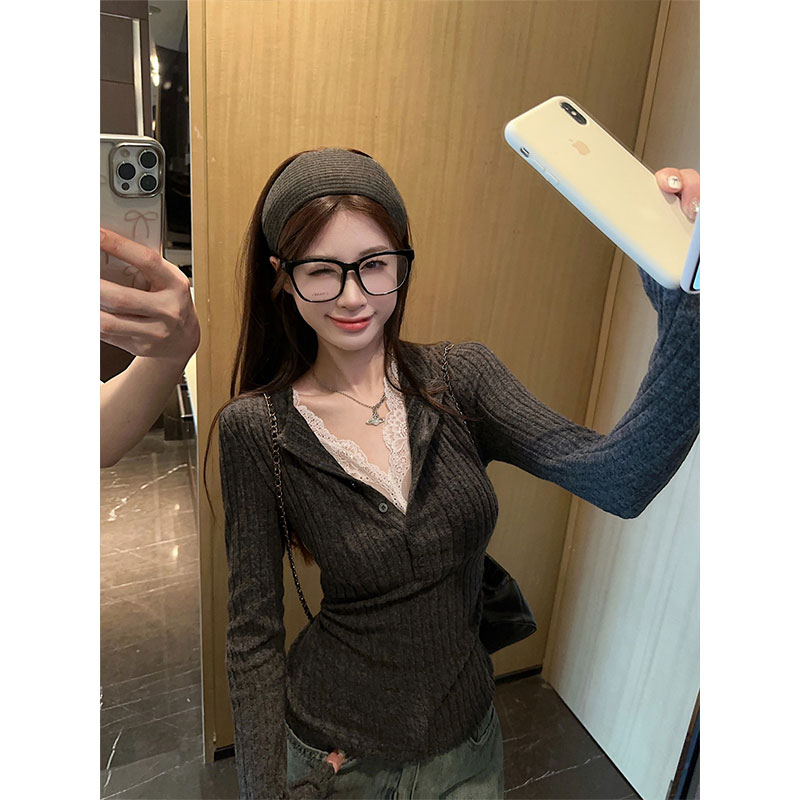 Original men's cotton pit strip fur and fake two-piece lace long-sleeved T-shirt for women's autumn and winter new slim top