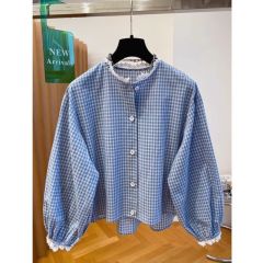 Women's Spring New Loose Blue Small Grid Shirt, Stylish and Youthful, Fresh and Age-Reducing Lantern Sleeve Top