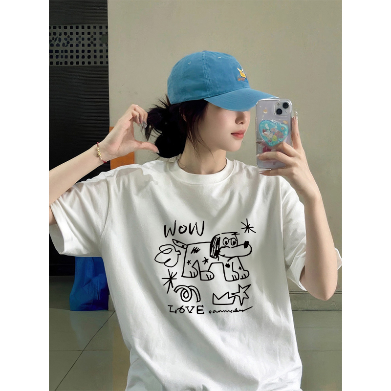 200g combed and tight-fitting sprinkler, pure cotton backpack, spring and summer loose shoulder printed short-sleeved T-shirt
