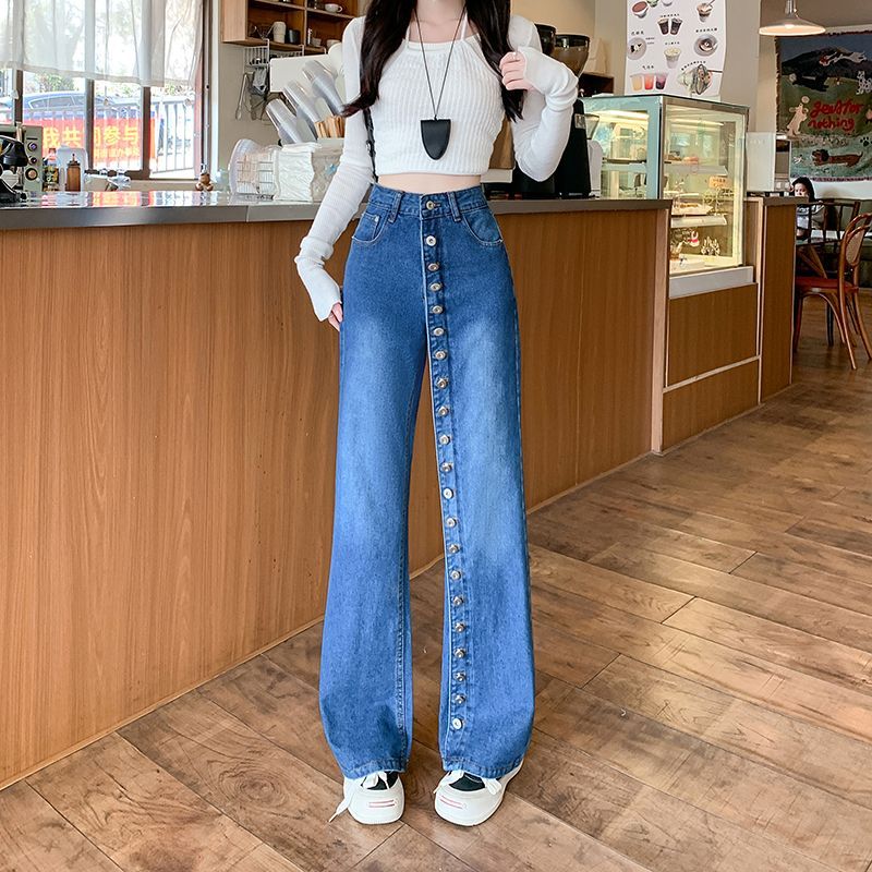 Real shot~ American retro multi-button straight-leg jeans for women with personality slim high waist heavyweight wide-leg trousers