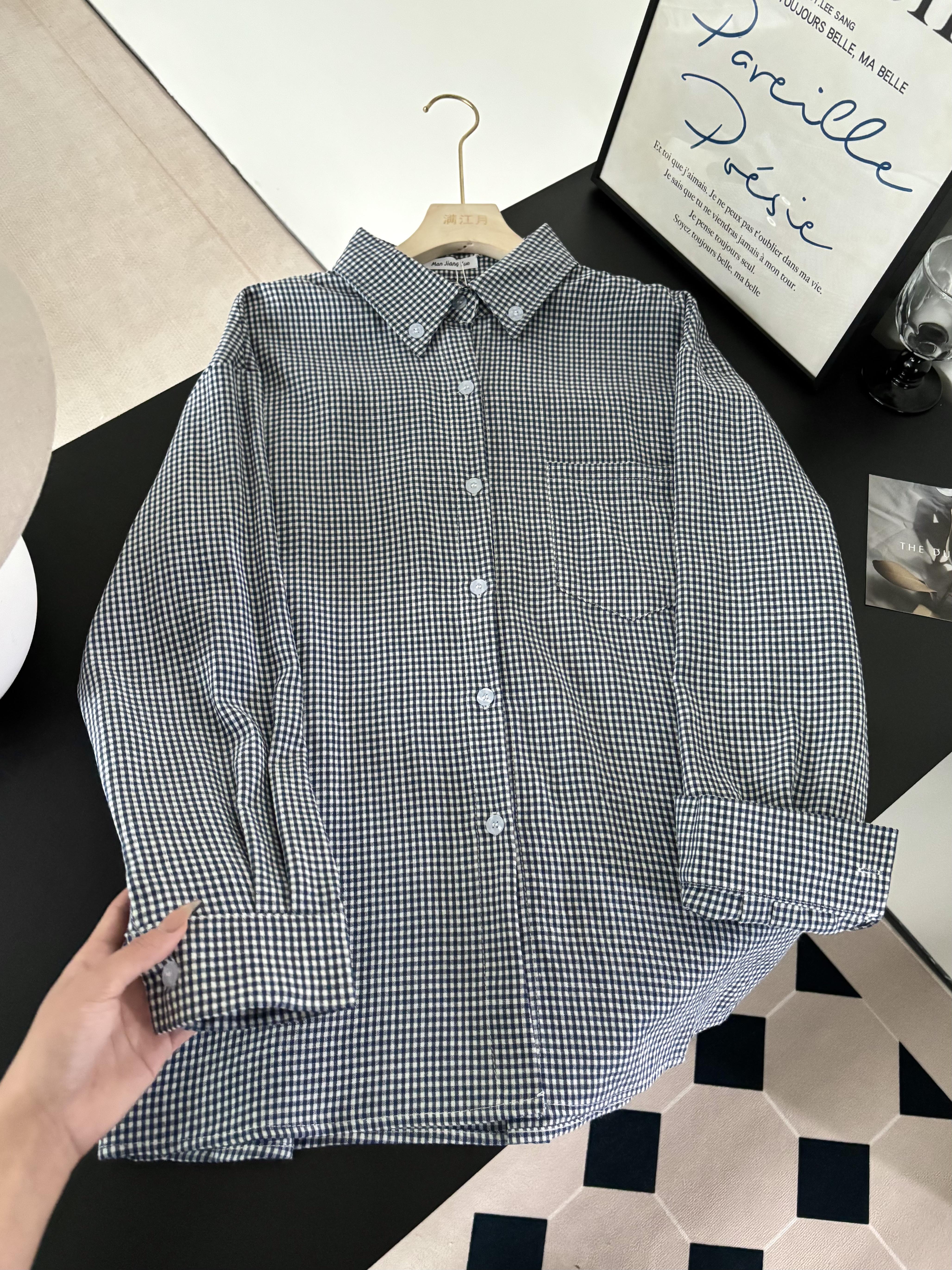 Real shot Simple Japanese retro style blue plaid casual shirt jacket for women's spring shirt