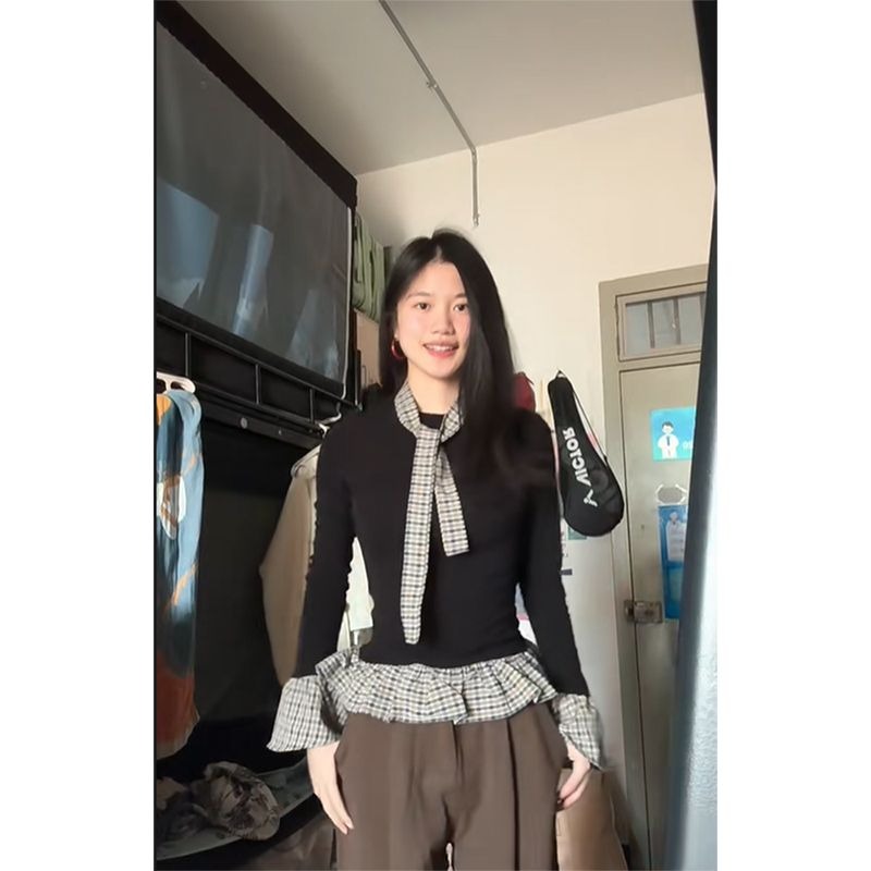 假兩件格紋拼接黑色打底衫女秋冬季洋氣內搭修身辣妹長袖t恤上衣
