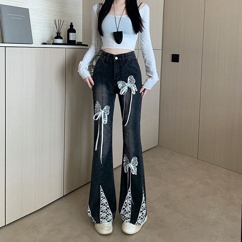 Real shot~ Lace bow jeans 2025 spring new high-waist slim design and flared pants trendy