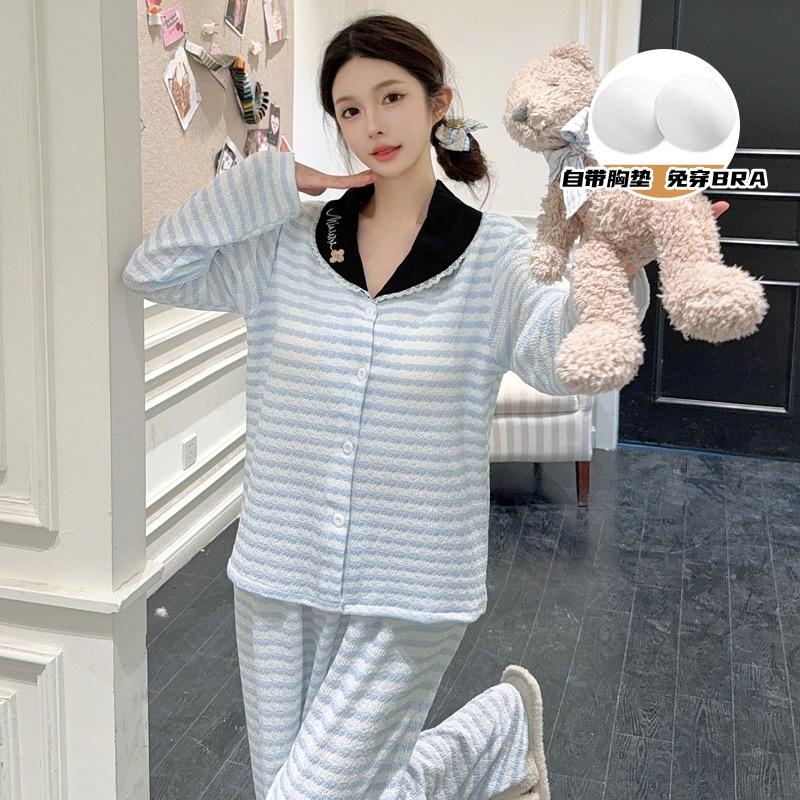 Real shot of 25 spring pajamas with chest pad for women French long-sleeved trousers wearing girlish sweet home clothes suit