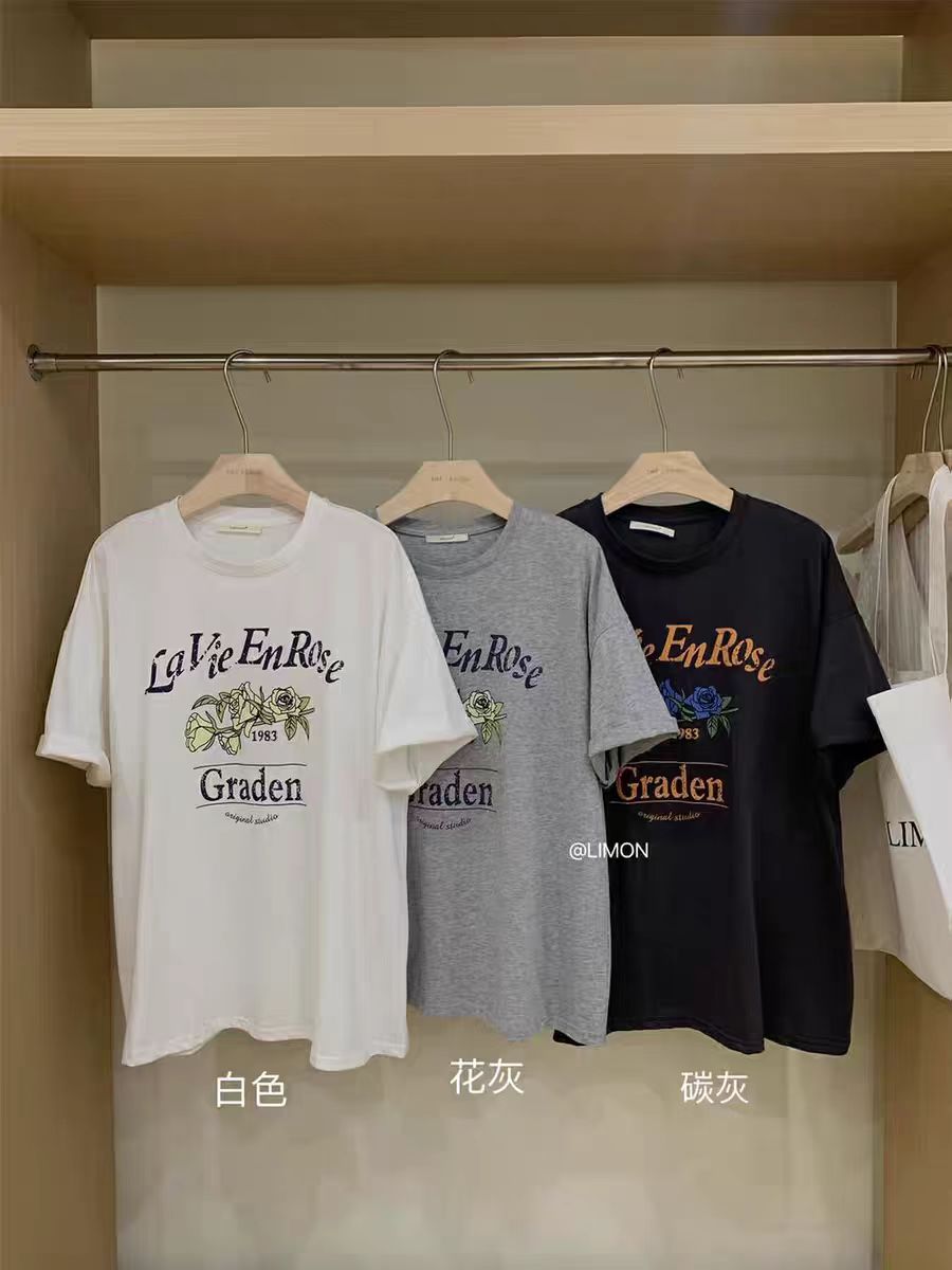 200g combed and tight-fitting sprinkler, pure cotton backpack, spring and summer loose shoulder printed short-sleeved T-shirt