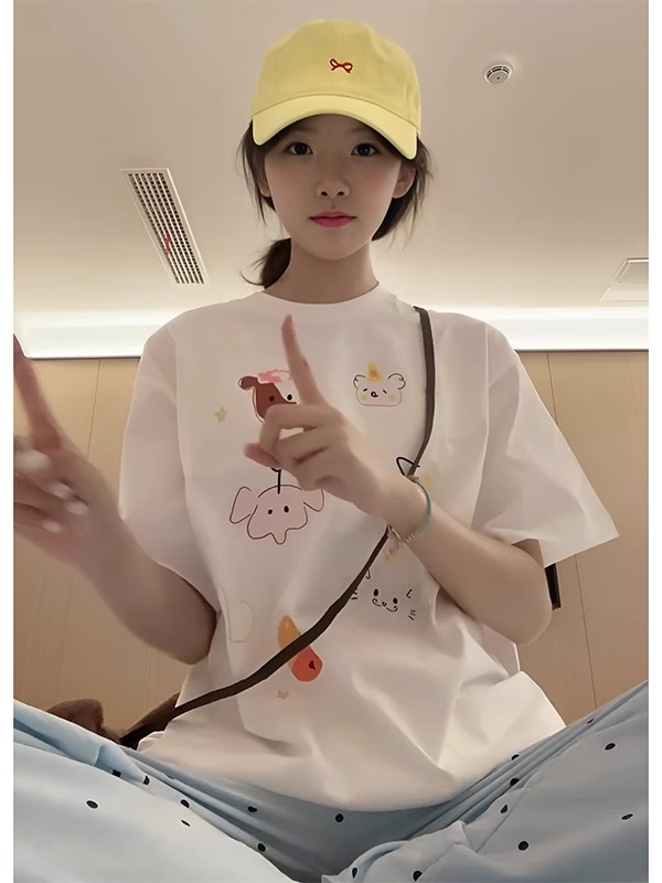 200g combed and tight spun in 2025, pure cotton back bag strip, spring and summer loose shoulder printed short-sleeved T-shirt